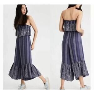 Anthropologie Japna Blueish Floral Strapless Smock Top Riffle Jumpsuit Sz M